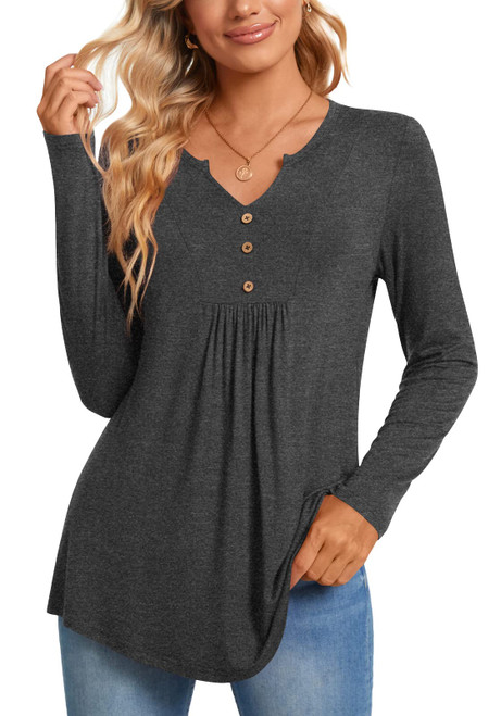 CATHY Womens Long Sleeve Tunic Tops Henley Shirt V-Neck Button Down Blouse Casual Pleated Basic Pullover, L, Long Dark Grey