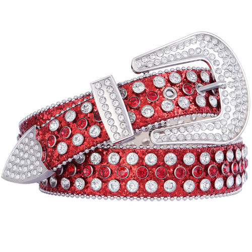 FIORETTO Men Women Rhinestone Belt Bling Shining Diamond Cowgirl Cowboy Western Studded Leather Belt Waist Belt for Jeans Pants Red