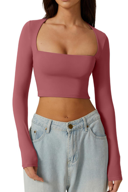 QINSEN Women's Sexy Square Neck Crop Top Long Sleeve Slim Fit Cropped T Shirts Merlot L QINSEN Women's Sexy Square Neck Crop Top Long Sleeve Slim Fit Cropped T Shirts Merlot L