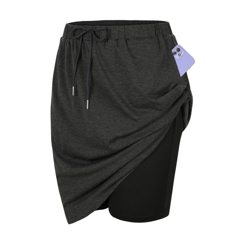 Tennis Skirt for Women with Pockets Athletic Skort Stretchy Knee Length Golf High Waist Skirt Drawstring Shorts Deep Gray Large