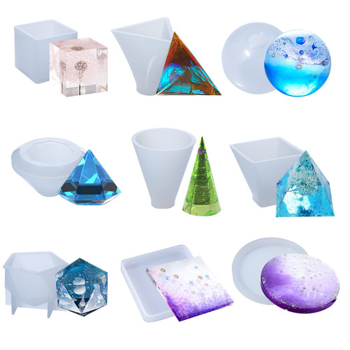 9 Pcs Epoxy Resin Moulds Kit,Silicone Moulds for Resin Casting to Cube, Diamond, Triangular Pyramid, Cone, Sphere, Polyhedron, Pyramid, Square, Round for Candle, Soap, Bath Bomb