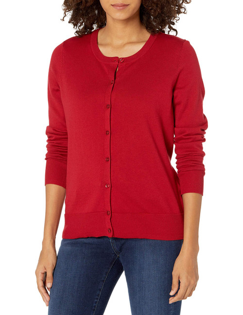 Amazon Essentials Women's Lightweight Crewneck Cardigan Sweater (Available in Plus Size), Red, XX-Large