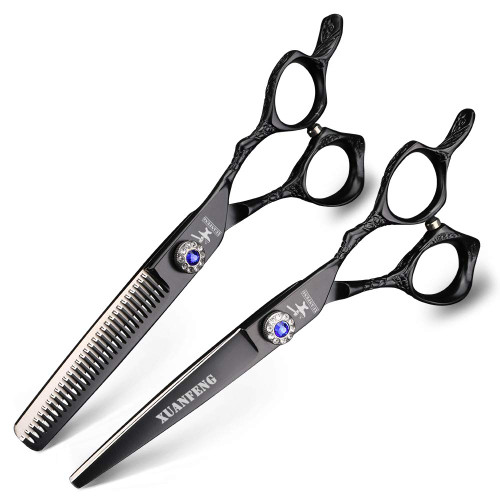 XUANFENG Silver Hairdressing Scissors Shear 6 Inch Hair Scissors Japan 440C Steel Thinning and Cutting Scissors Set Barber Salon Tool (2pcs, Black)