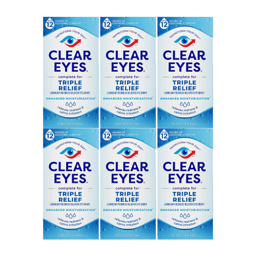 Clear Eyes Triple Action Relief Eye Drops 0.50 Fl Oz. (Pack of 6)