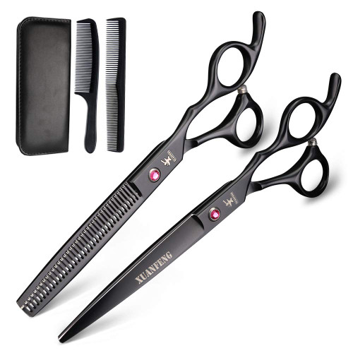 XUANFENG Black 7 Inch Professional Barber Salon Hair Scissors Japan 440c Imported Cutting Thinning Scissors Shear Set Hairdressing Shears (Kit Thinning 20%, Black)