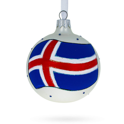 Arctic Brilliance: Flag of Iceland Blown Glass Ball Christmas Ornament 3.25 Inches
