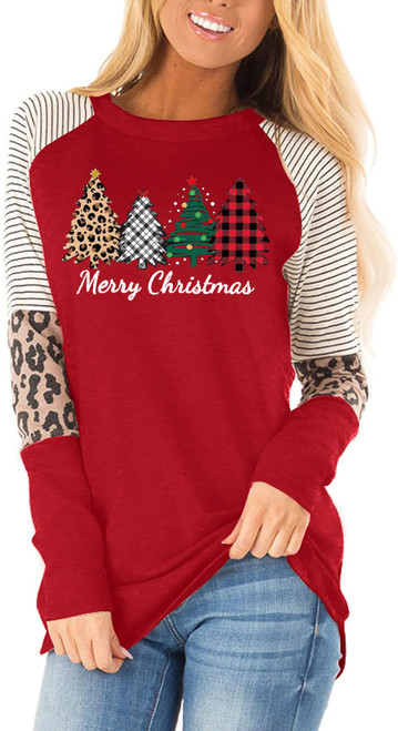 Christmas Crew Shirts for Women Xmas Shirt Top Long Sleeve Christmas Lights Print Graphic T Shirt Holiday Tees (MerryChristmas1, Large)