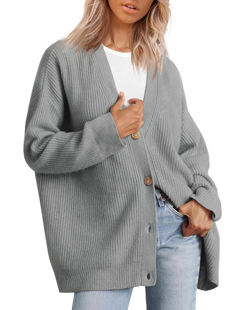 ebossy Women's Open Front Knit Cardigan Casual Long Sleeve Oversized Button Lightweight Sweater Outwear (L, Grey)