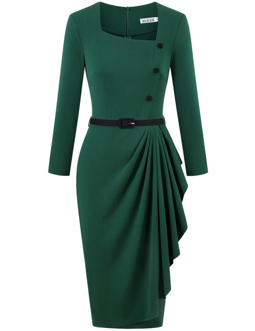 MUXXN Women's Vintage Long Sleeve V Neck Midi 1950s Ruffle Office Business Wear to Work Pencil Bodycon Dress Dark Green S