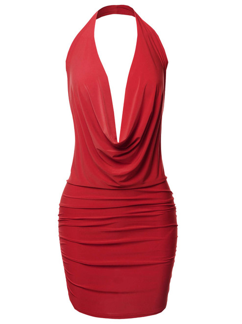 Sexy Halter Neck Ruched Bodycon Backless Party Cocktail Mini Dress Red S