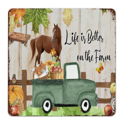 Autravelco Hanging Metal Plaque Life Is Better on The Farm Wall Decor Art Poster Front Door Laundry Patio Pumpkin Truck Colorful Harvest Metal Tin Sign Gift for Entryway 12x12 Inch