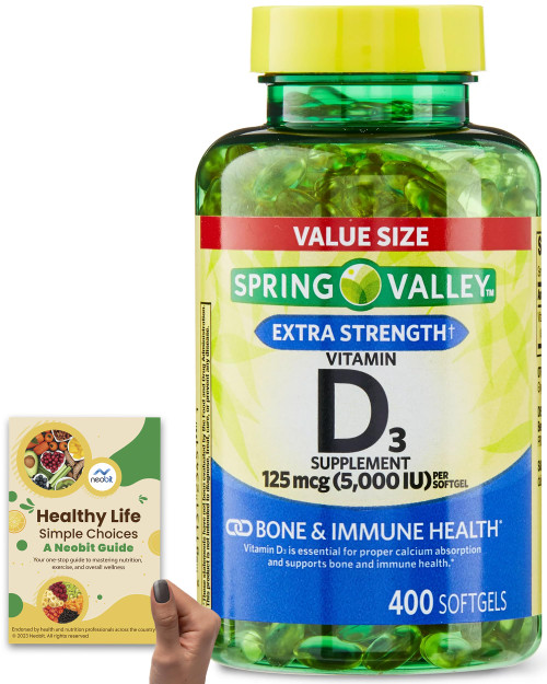 Spring Valley Vitamin D3 Supplement, 125 mcg, 5,000 IU, 400 Softgels, Potent Immune & Bone Support, Reliable Calcium Absorption - Bundle with 'Healthy Life, Simple Choices: Guide' (2 Items) Spring Valley Vitamin D3 Supplement, 125 mcg, 5,000 IU, 400 Softgels, Potent Immune & Bone Support, Reliable Calcium Absorption - Bundle with 'Healthy Life, Simple Choices: Guide' (2 Items)