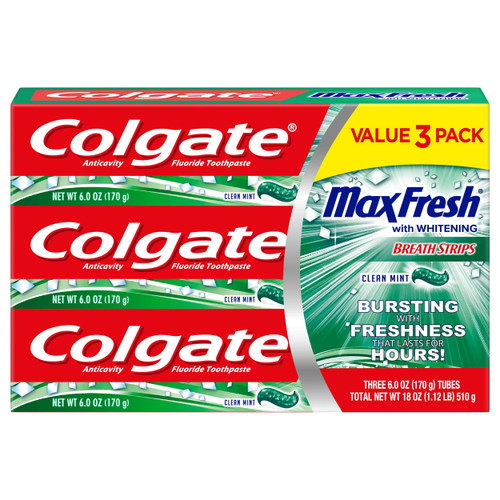 Colgate Max Fresh Whitening Toothpaste with Mini Breath Strips, Clean Mint, 36 Ounce (Pack of 6)