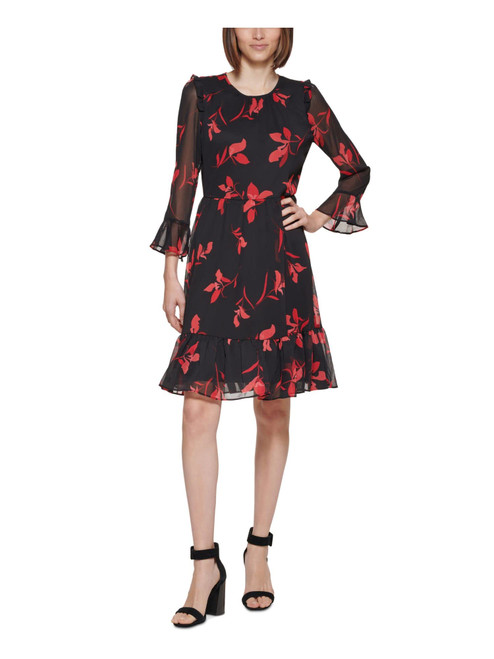 Calvin Klein Womens Black Sheer Zippered Ruffled Lined Floral Bell Sleeve Round Neck Knee Length Wear to Work A-Line Dress Petites 4P