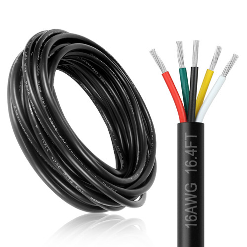 DEKIEVALE 16 Gauge 5 Conductor Electrical Wire, 16.4FT 16AWG Black PVC Stranded Tinned Copper 5 Wire Cable, 16/5 Extension Cable for LED Lamp Lighting, Automotive, Speaker, Access Control, etc.