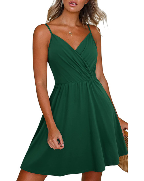 Newshows Women's Summer Vacation Dress Spaghetti Strap Sleeveless V Neck Casual Swing Sundress with Pockets(Green,Medium)