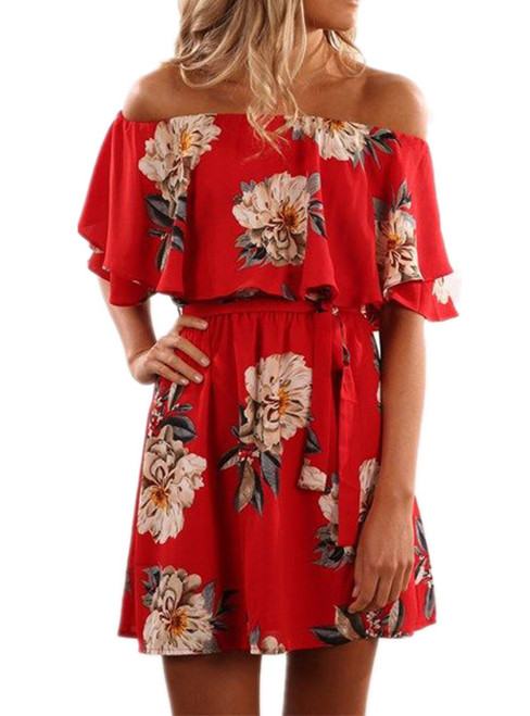 KBOOK Women's Off Shoulder Floral Print Cute Vacation Boho Short Sleeve Casual Mini Party Dress with Belt