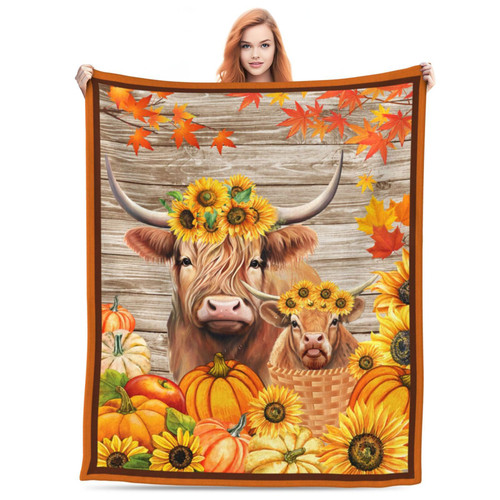 Highland Cow Blanket, Sunflower Cow Print Gifts for Women Adults Throw Blanket for Bed Couch, Soft Cozy Plush Warm Fleece Blanket for Girls Kids Travel Pumpkin Cow Lovers Thanksgiving Gift 50"x60"