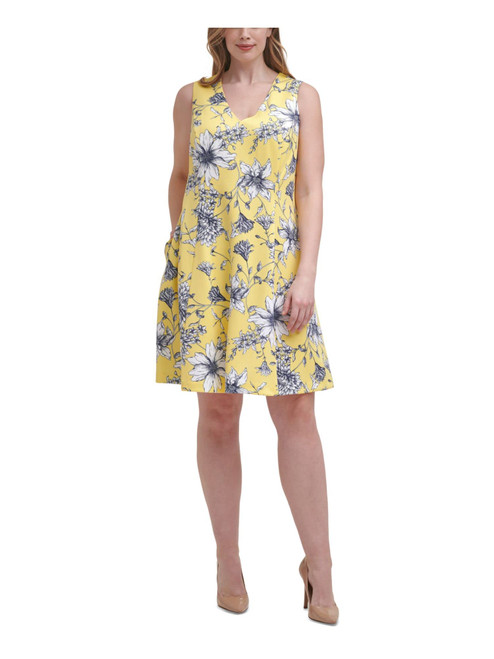 JESSICA HOWARD Womens Yellow Stretch Zippered Pocketed Lined Floral Sleeveless V Neck Above The Knee Wear to Work Fit + Flare Dress Plus 22W