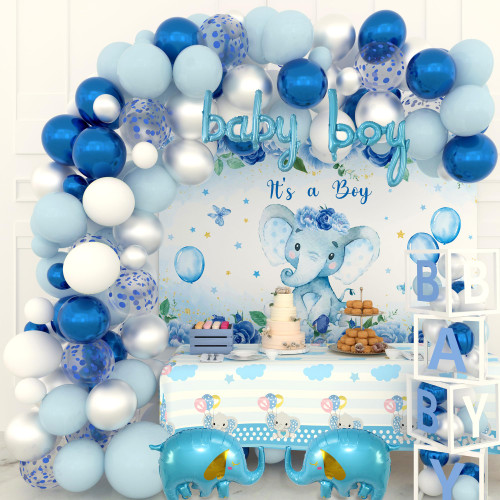 Baby Shower Decorations for Boy Elephant Balloon Garland Kit with Baby Boxes Letters It's a Boy Backdrop Tablecloth Balloons for Baby Boy Shower Party Decor Birthday Party Supplies (Boy, Blue)