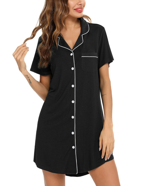 Samring Women's Nightshirt Short Sleeve Button Down Nightgown V-Neck Sleepwear Pajama Dress Black XXL