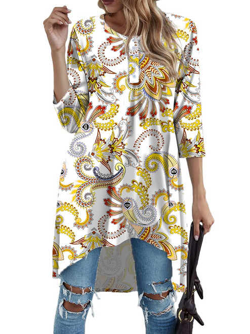 Naggoo Women's 3/4 Sleeve White Phoenix Plume Printing Tops Button V Neck A Line Tunic Blouse 3XL