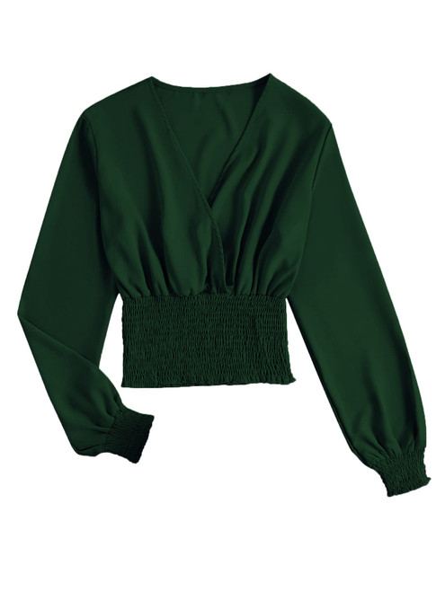 LYANER Women's V Neck Shirred Plain Long Sleeve Frill Crop Blouse Shirt Tops Dark Green Medium LYANER Women's V Neck Shirred Plain Long Sleeve Frill Crop Blouse Shirt Tops Dark Green Medium