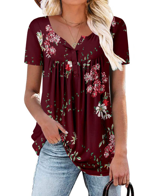 ROSELINLIN Womens Short Sleeve Tunic Tops Wine Red Flower Henley Shirts Casual Summer Tops XL ROSELINLIN Womens Short Sleeve Tunic Tops Wine Red Flower Henley Shirts Casual Summer Tops XL