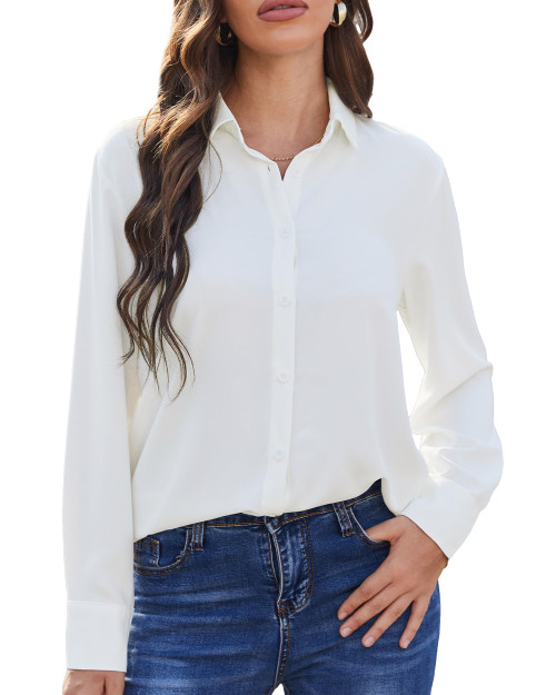 SPRING SEAON Women's Button Down Shirts Causal Collared Blouses Work Office Long Sleeve Chiffon Blouse for Ladies Pure White