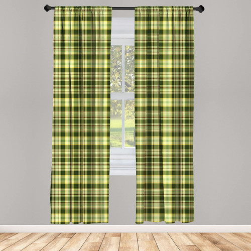 Ambesonne Olive Green Window Curtains, Quilt Pattern Traditional Scottish Design Checkered Geometrical, Lightweight Decor 2-Panel Set with Rod Pocket, Pair of - 28" x 95", Dark Green Yellow Brown