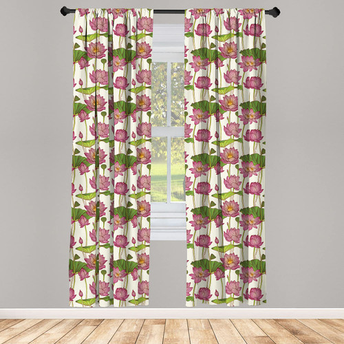 Ambesonne Lotus Flower Window Curtains, Graphic Ornament Pattern with Pink Lotus Blossoms and Buds, Lightweight Decor 2-Panel Set with Rod Pocket, Pair of - 28" x 95", Ivory Green
