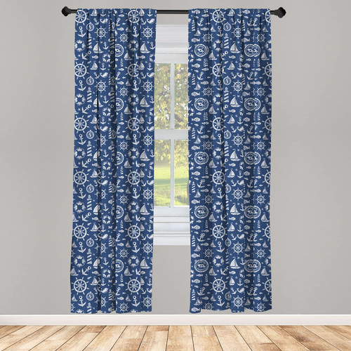 Ambesonne Sailboat Curtains, Diagonal Hatched Nautical Elements Ship's Wheel Anchor and Marine Animals, Window Treatments 2 Panel Set for Living Room Bedroom, Pair of - 28" x 95", Blue and White