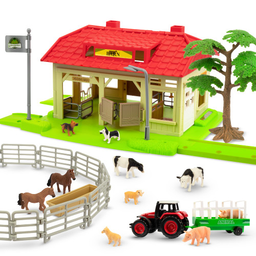 Toymany Barn House with Tiny Farm Animals Figures Tractor Fence and Tree - Farm Playset with Barn, Farm Animal Barn - Learning Christmas Birthday Gift for Kids Toddlers