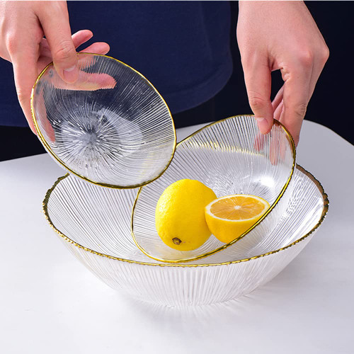 3-Piece Textured Clear Glass Salad Bowls Set - Decorative Fruit Bowl - Serving and Mixing Bowl with Irregular Gold Rim for Pasta, Dessert, Popcorn, Fruit, Snacks - Refrigerator Freezer Safe (Clear)