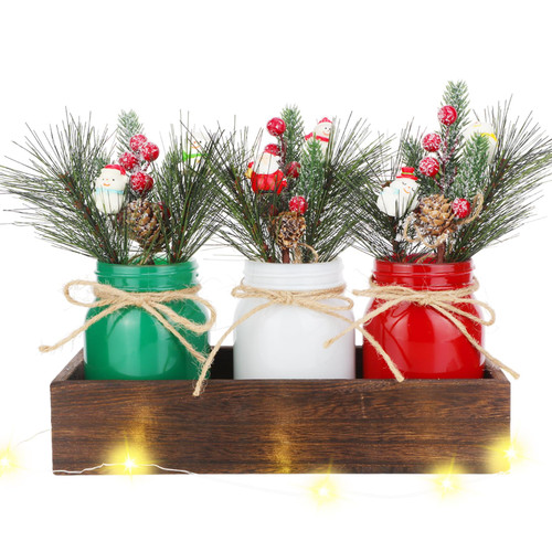 Barydat Christmas Mason Jar Centerpiece for Table Decorative Wood Tray with 3 Painted Jars 17 oz Rustic Mason Jar Decor Farmhouse for Home Dinning Living Room Kitchen Coffee Dining Table Decorations