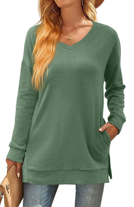 Aloodor Long Sweatshirts for Women V-Neck Tunic Tops Winter Shirts for Casual Fall Green L