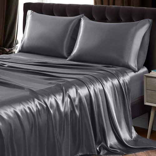 SiinvdaBZX 4Pcs Satin Sheet Set Full Size Ultra Silky Soft Grey Satin Full Bed Sheets with Deep Pocket, 1 Fitted Sheet, 1 Flat Sheet, 2 Envelope Closure Pillowcases