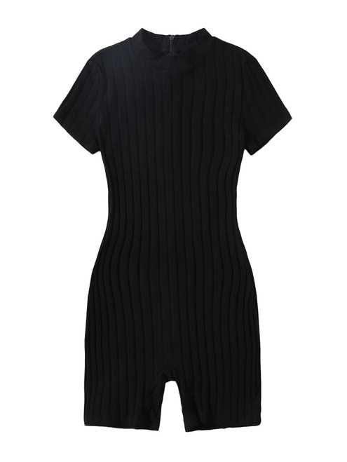 Floerns Women's Solid Mock Short Sleeve Ribbed Bodycon Shorts Romper Jumpsuit Black XS
