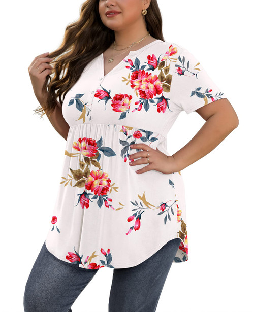 SHIJIALI Women's Plus Size Henley Shirts V Neck Button Tunic Tops Casual Short Sleeve Swing Flowy Blouse FP Rose White-XX-Large