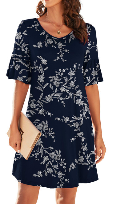 Actcat Summer Dresses for Women 2023 Short Sleeve V Neck Ruffle Casual Flower Sun Dress Swing Shift Mini Dress,Medium,Floral White Navy