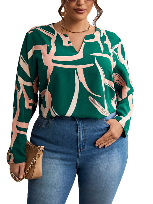 SOLY HUX Women's Plus Size Allover Printed Notched V Neck Long Sleeve Casual Blouse Tops Dark Green Print 4XL