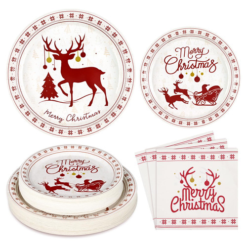 Homlouue Merry Christmas Paper Plates and Napkins, Reindeer Christmas Party Supplies Holiday Paper Plates for Christmas Party Xmas Decor, Paper Dinnerware Set Serve 50 Guests, Modern Simple Design
