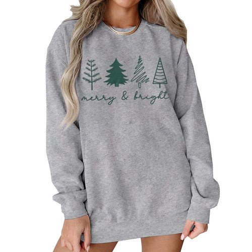 Women Christmas Tree Sweatshirts Merry And Bright Graphic Print Long Sleeve Fall Shirts Christmas Crewneck Pullover Tops