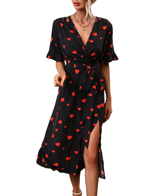 WDIRARA Women's Heart Print Thigh Slit V Neck Half Sleeve Belted Elegant Midi Dress Black L