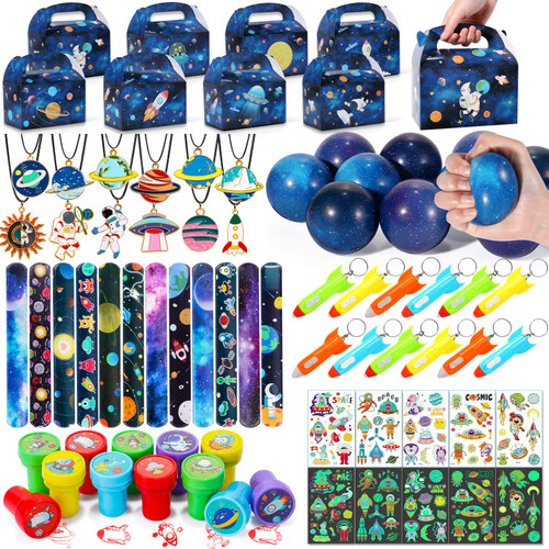 Golray 84pcs Space Party Favors Box Stress Balls Glow In Dark Tattoos Stamp Necklace Keychains Slap Bracelet Toy for Boy Kids Galaxy Birthday Party Supplies Pinata Stuffer Treat Gift Goodie Bag Filler Golray 84pcs Space Party Favors Box Stress Balls Glow In Dark Tattoos Stamp Necklace Keychains Slap Bracelet Toy for Boy Kids Galaxy Birthday Party Supplies Pinata Stuffer Treat Gift Goodie Bag Filler