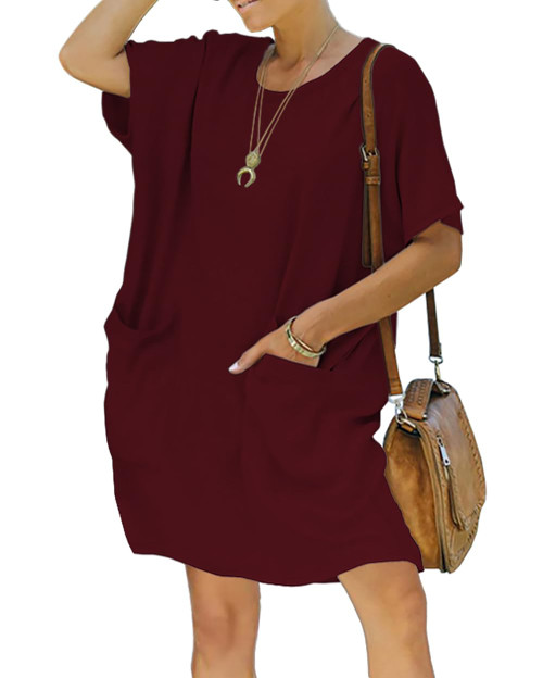 Ladybranch Women's Summer Casual T Shirt Dresses Short Sleeve Swing Dress Pockets(Large?01Wine)