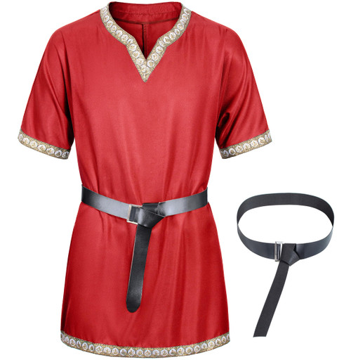 TOGROP Mens Medieval Costume Viking Tunic Knight Warrior Renaissance Shirts with Belt Red M