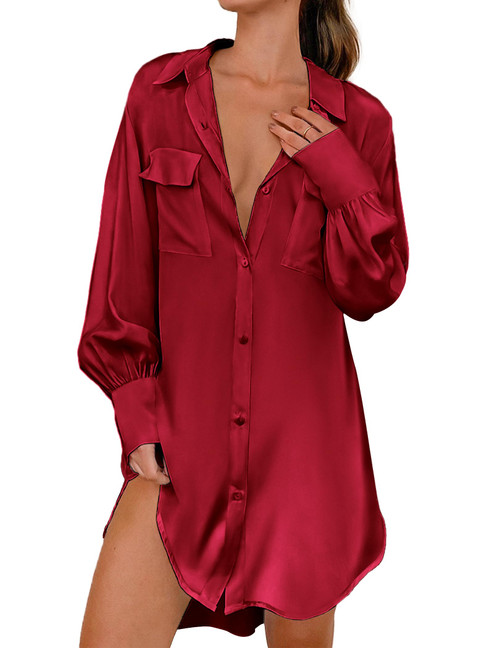 Ekouaer Sleep Shirts for Women Satin Silk Nightgown Long Sleeve Sleepwear Boyfriend Button Down Nightshirt Wine Red L