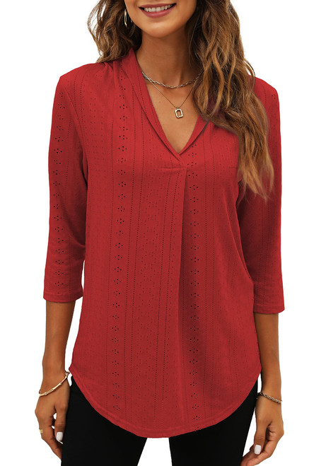 Miselon Women's 3/4 Sleeve Shirts V Neck Business Casual Tops Dressy Work Blouses Fall Tunics for Leggings Red XXL