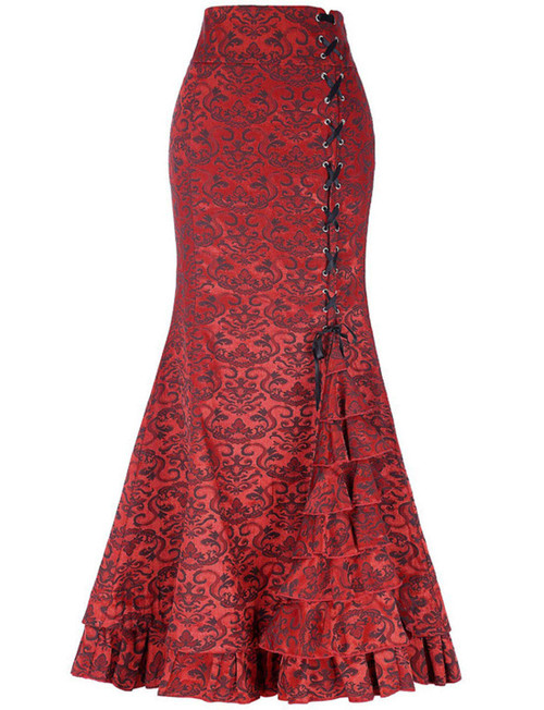 chouyatou Women's Retro Lace-Up Drawstring Tiered Ruffle Maxi Long Mermaid Pencil Skirt (Large, Red)